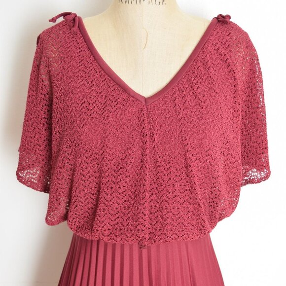 vintage 70s prom dress burgundy crochet lace flutter draped pleated long maxi XS - Picture 3 of 11